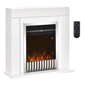 HOMCOM Lareira Elétrica Potência 1000/2000W com Chama Realista Termostato Controle Remoto Temporizador e Proteção de Superaquecimento para 20-25m² 79x26x77,5cm Branco