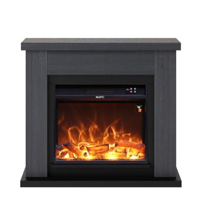 Lareira De Chão Com Estrutura Cinzenta e Queimador Eléctrico Preto De 1500w Com Efeito De Chama Led Real. Desenho Moderno Com Linhas Geométricas Limpas. Feito De Madeira Mdf De Alta Qualidade Fácil De Colocar Ou Mover. Com Controlo Remoto