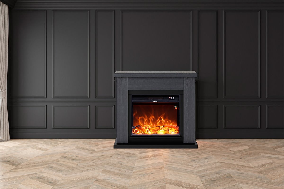 Lareira De Chão Com Estrutura Cinzenta e Queimador Eléctrico Preto De 1500w Com Efeito De Chama Led Real (6)