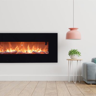Lareira Eléctrica De Parede Em Aço e Vidro Stelvio, Modelo Stelvio. Potência Máxima De Aquecimento 1500w. Efeito Realista Da Chama Led Ajustável Em 6 Níveis De Intensidade De Luz Controlo Remoto Incluído. Certificado Para Casa, Escritório, Negócios.