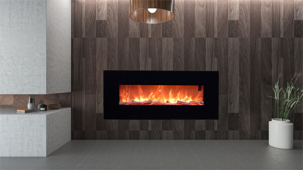 Lareira Eléctrica De Parede Em Aço e Vidro Stelvio, Modelo Stelvio. Potência Máxima De Aquecimento 1500w. Efeito Realista Da Chama Led Ajustável Em 6 Níveis De Intensidade De Luz Controlo Remoto Incluído. Certificado Para Casa, Escritório, Negócios.