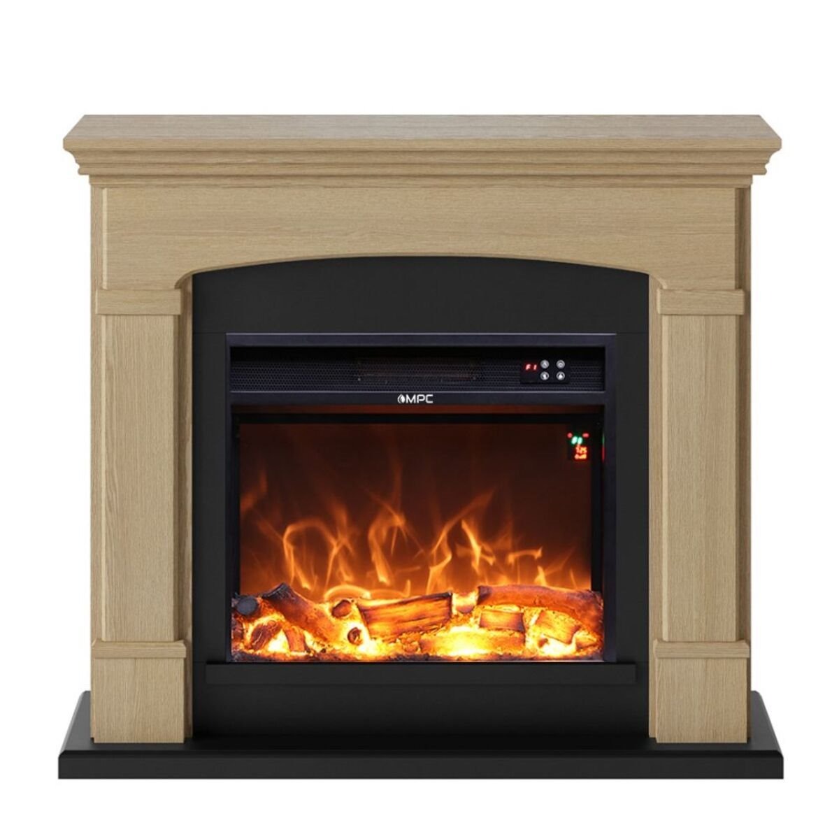 Lareira de chão e de parede composta por estrutura de cor carvalho e queimador eléctrico preto de 1500W com verdadeiro efeito de chama LED. Lareira de design completa com controlo remoto. Feito de madeira MDF de alta qualidade Fácil de colocar ou mover.