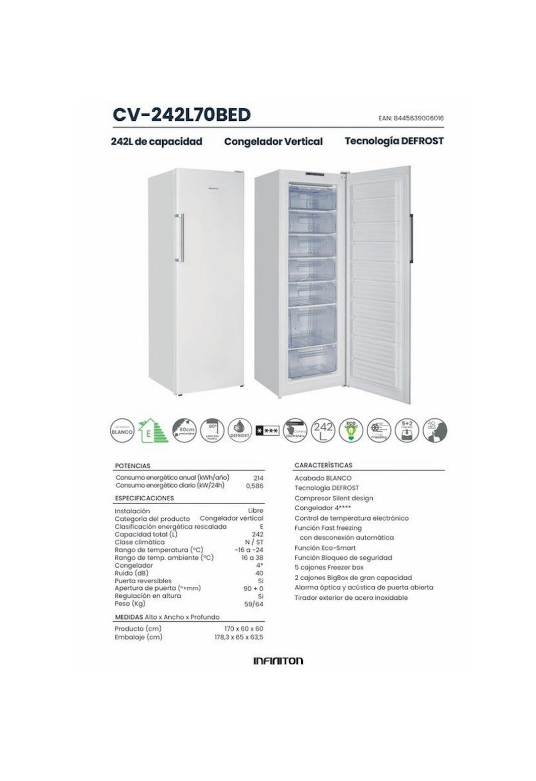 INFINITON Arca vertical CV-242L70BED, 242 litros, 170 cm, Cyclic, E, Branco (3)